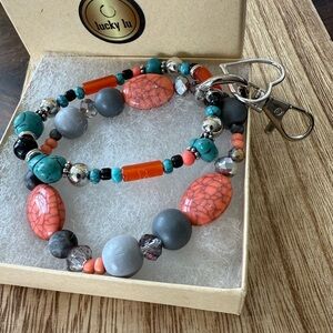 LuckyLu Bag Charm Bracelet Beaded Silver Tone Heart Stone